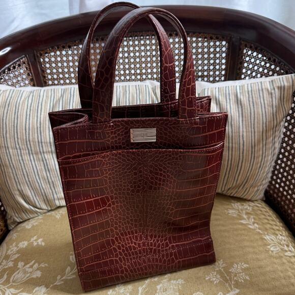 Tommy Hilfiger Vintage Y2K Satchel Purse Tote Embossed Croc Print Brown - Picture 1 of 6